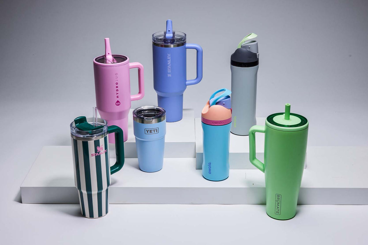 Owala Stanley Quencher Yeti and Gatorade Bottles In Studio Setting