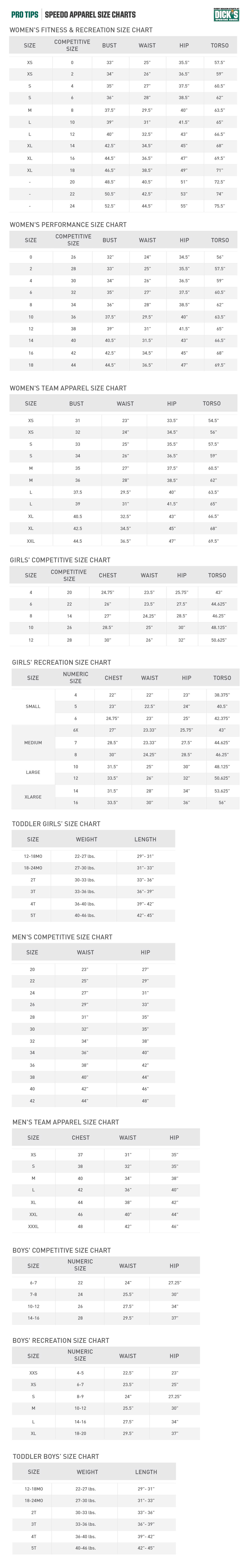 Speedo Apparel Size Charts