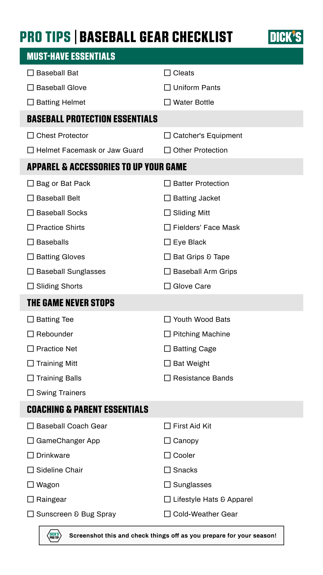 Pro Tips baseball checklist printable