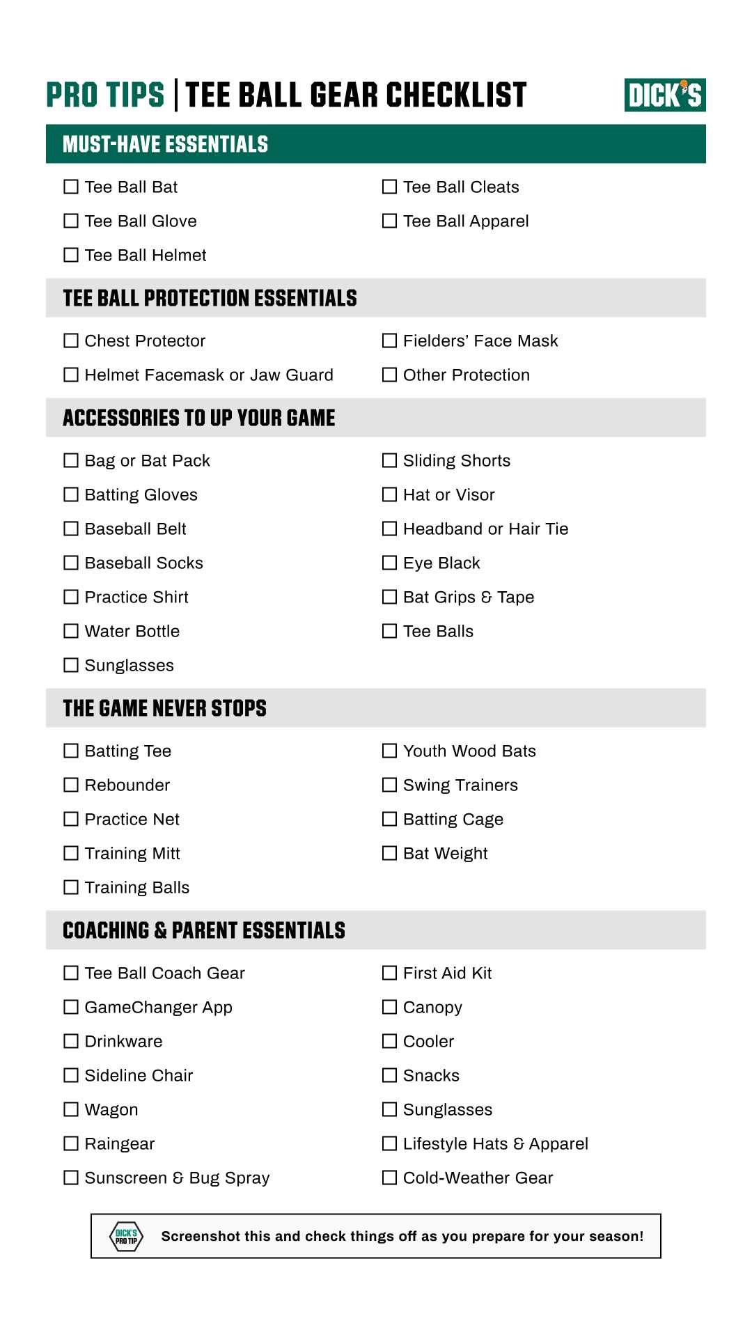 Tee Ball checklist printable