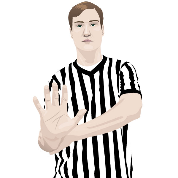 Holding out palm with other arm resting on forearm