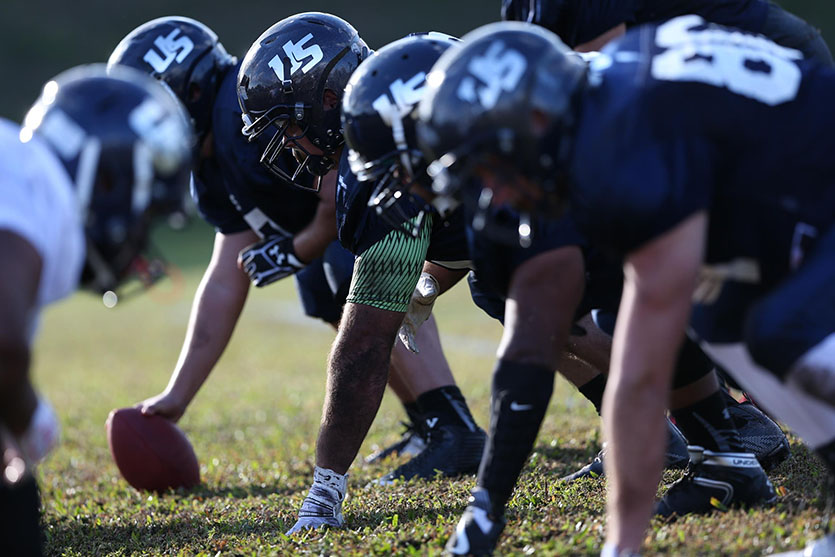 Football players playing a game on the football field.