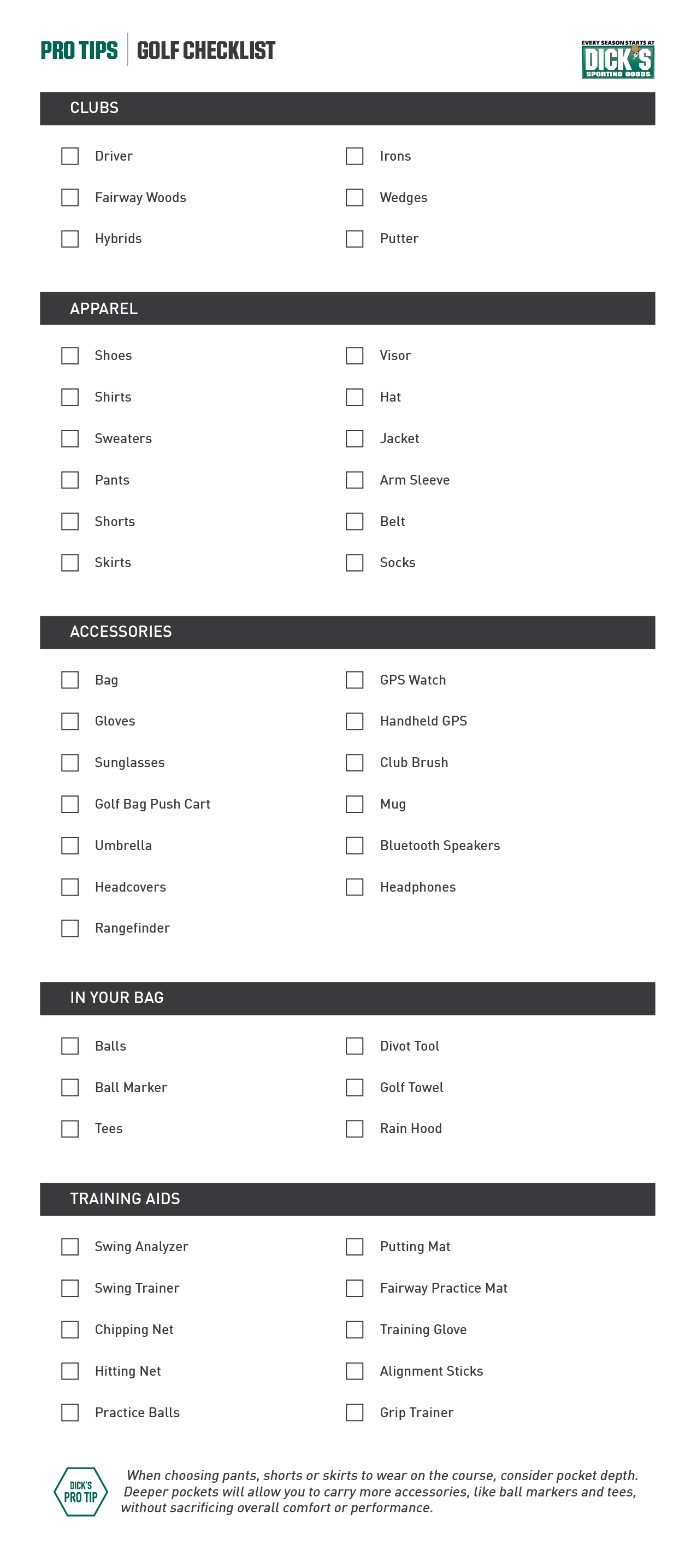 Golf equipment checklist