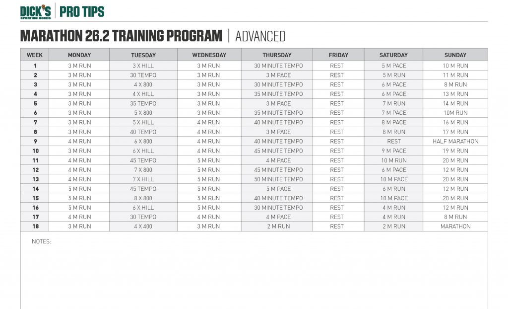 Printable marathon training program for advanced runners.