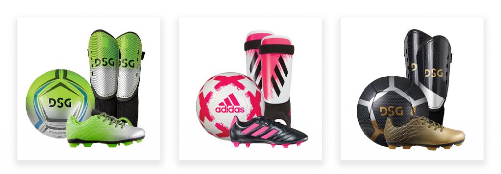 kid's soccer cleats, ball, and shin guard packages
