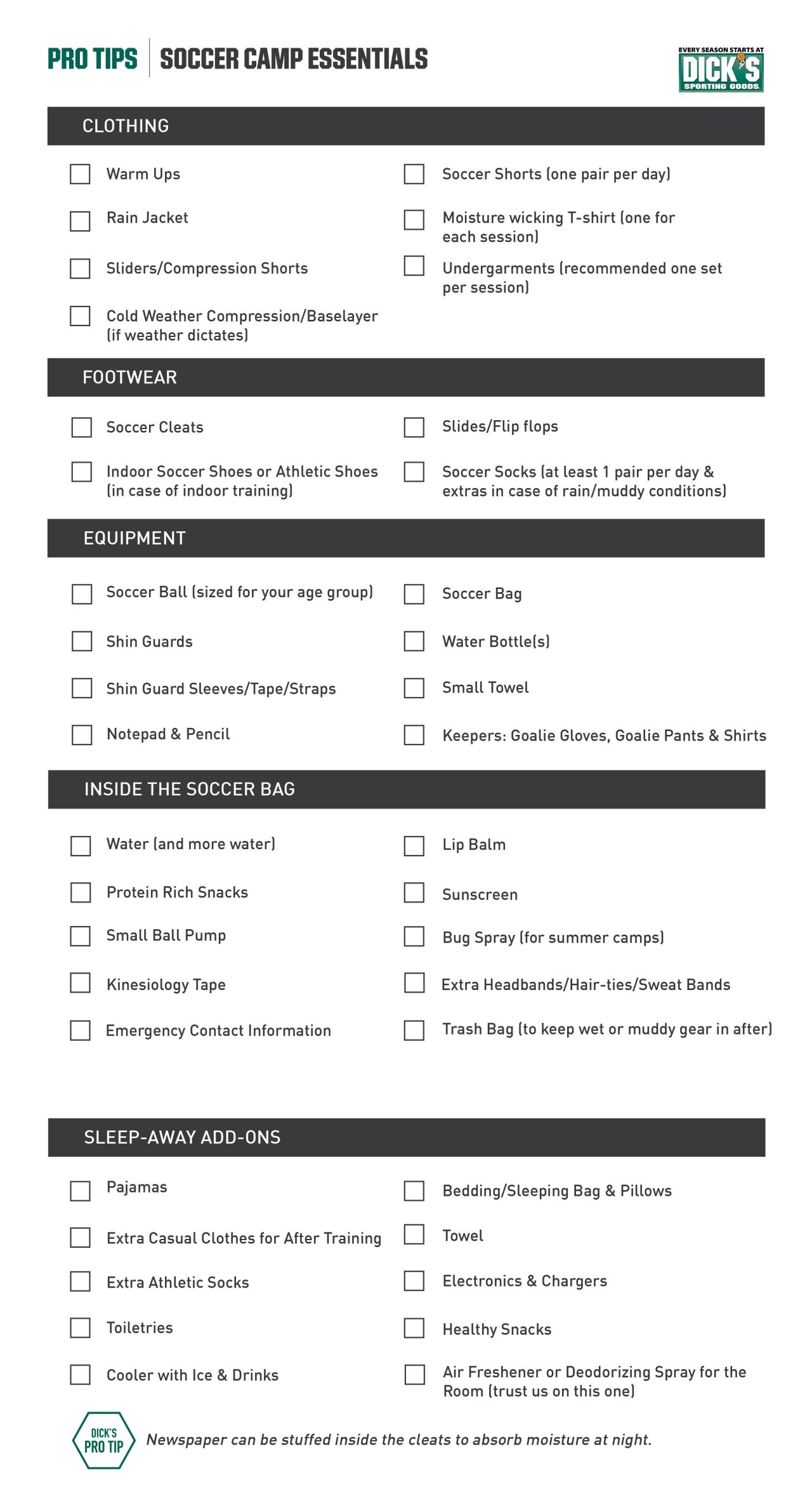 Soccer camp gear and supplies list