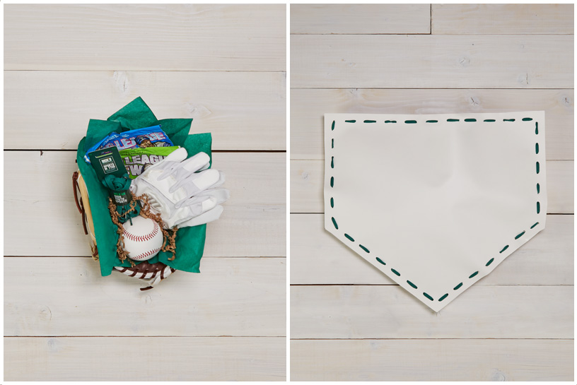 A gift basket with a an assortment of softball essentials.