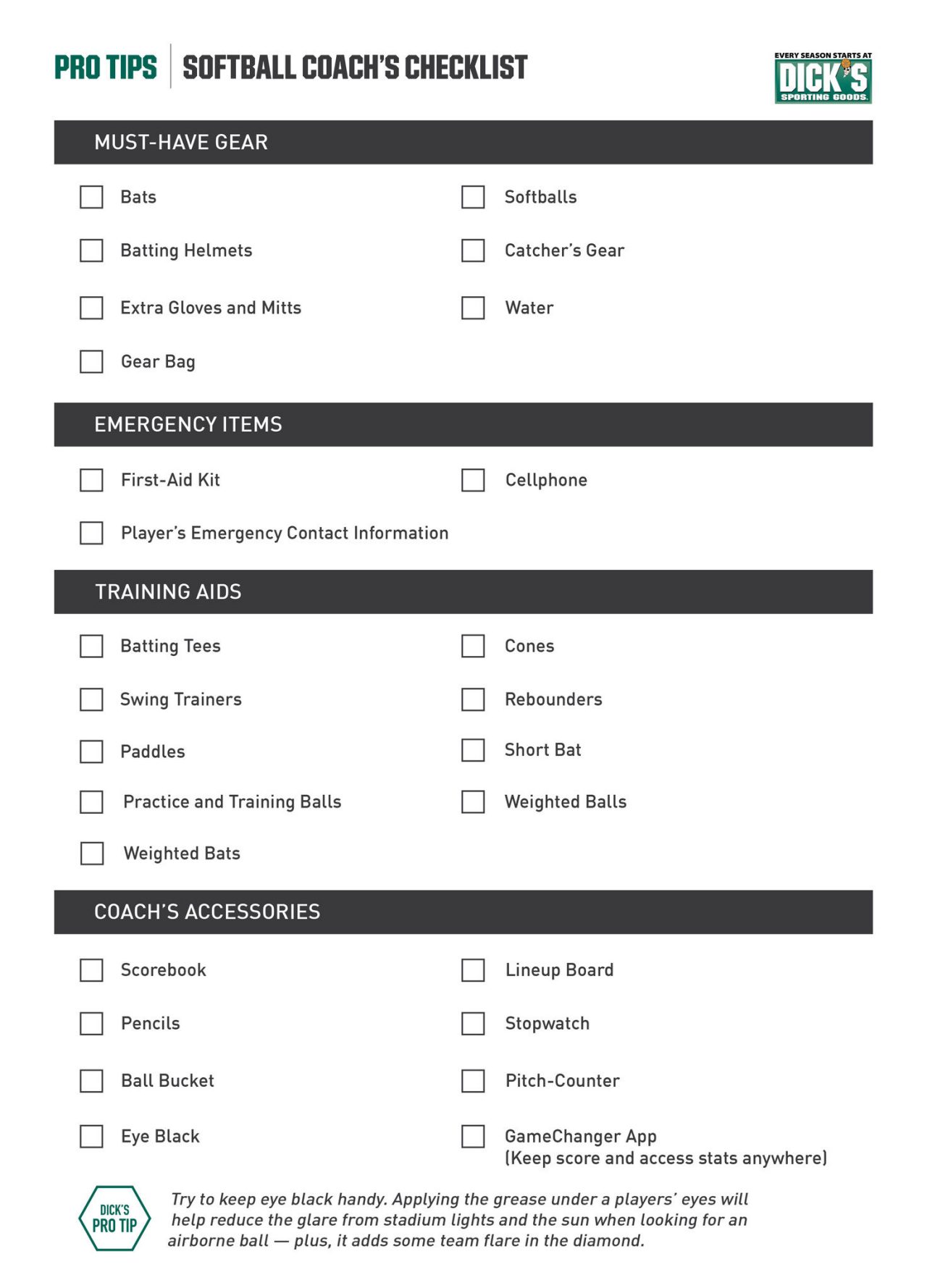 softball coach checklist