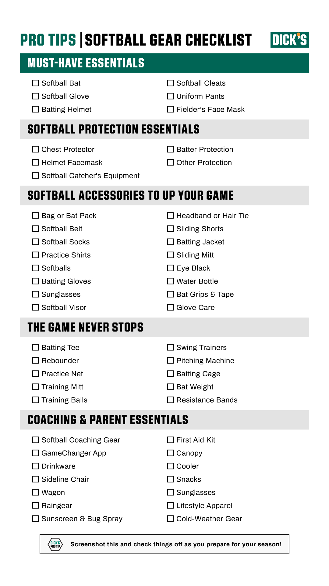 Softball Essentials check list